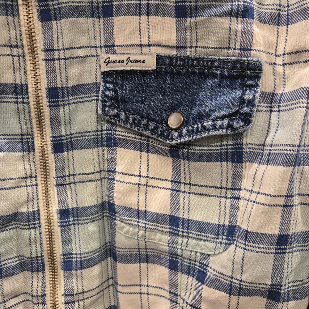 GUESS Vintage 90s Cropped Plaid Denim Pearl Snap Zip Top - Picture 3 of 11
